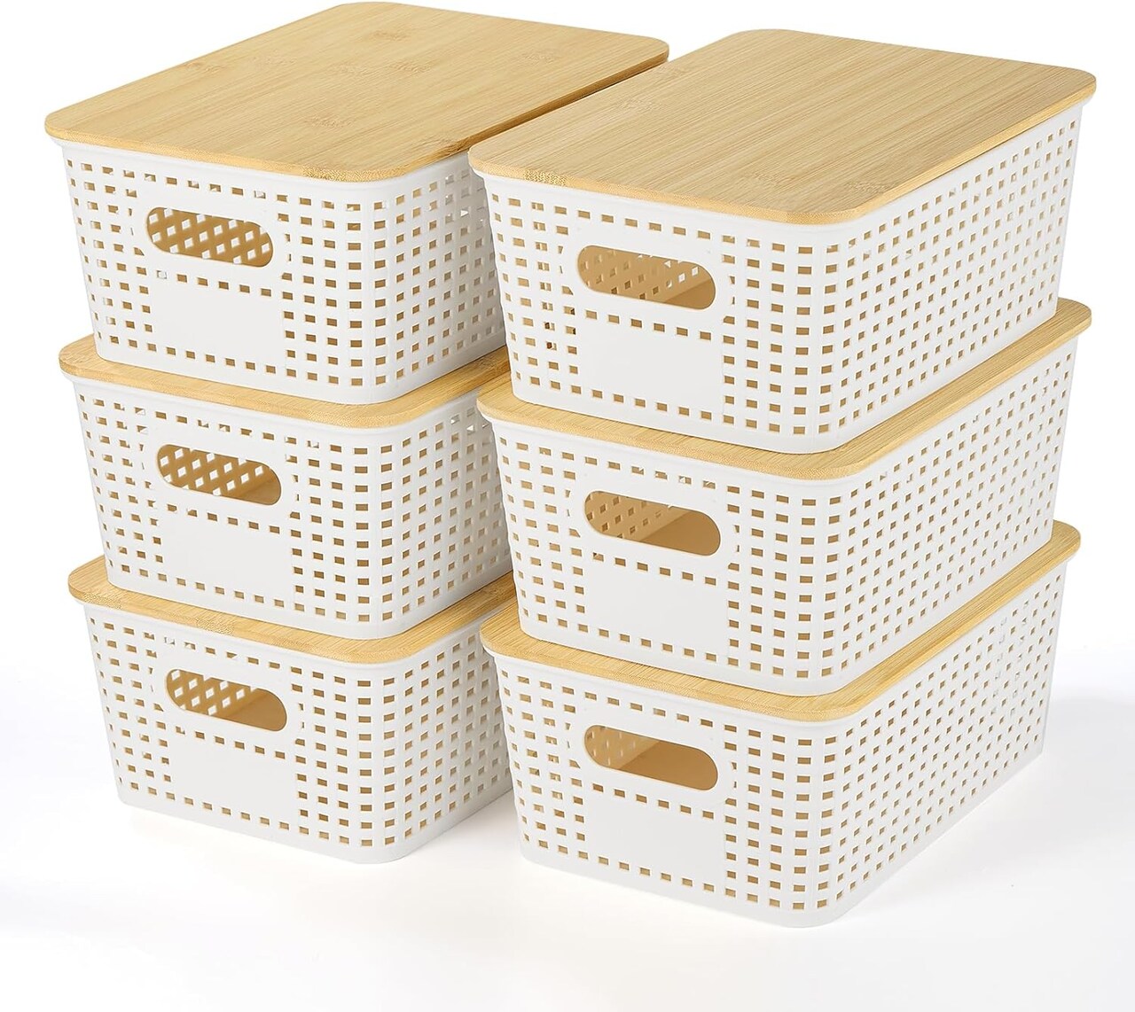 6 Pack Plastic Storage Baskets With Bamboo Lid - (Cream White)